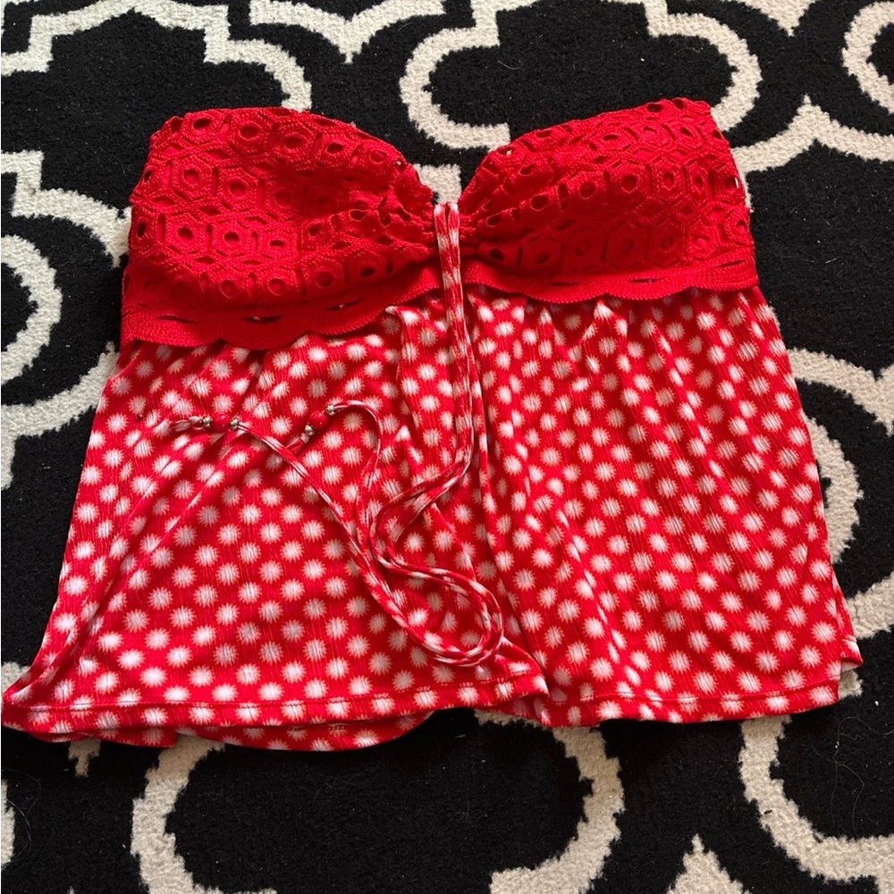 Red Strapless Eyelet Top